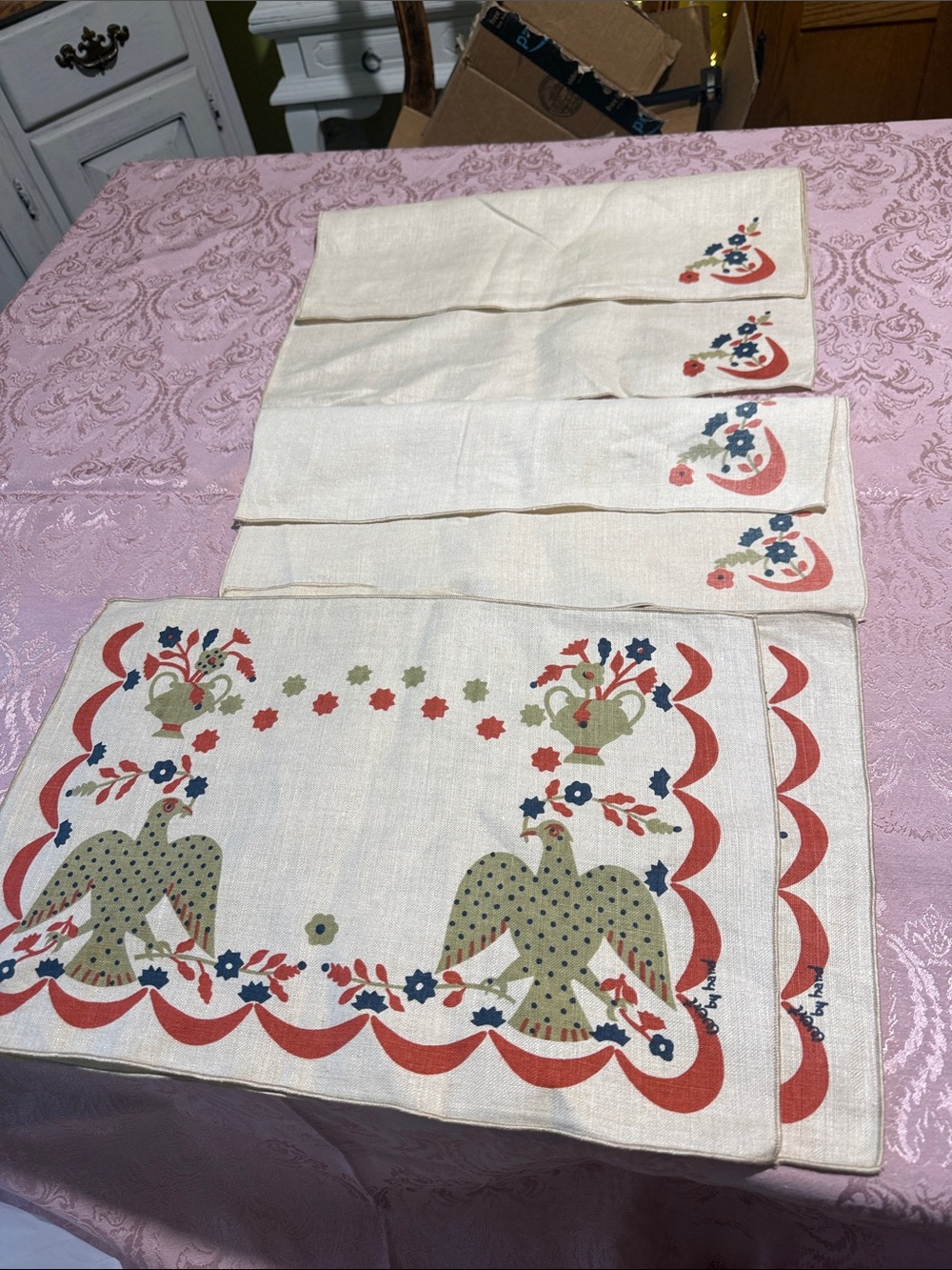 Vintage placemats rare Robert Darr Wert By Hand ~ Eagle ~ Americana 1960's linen